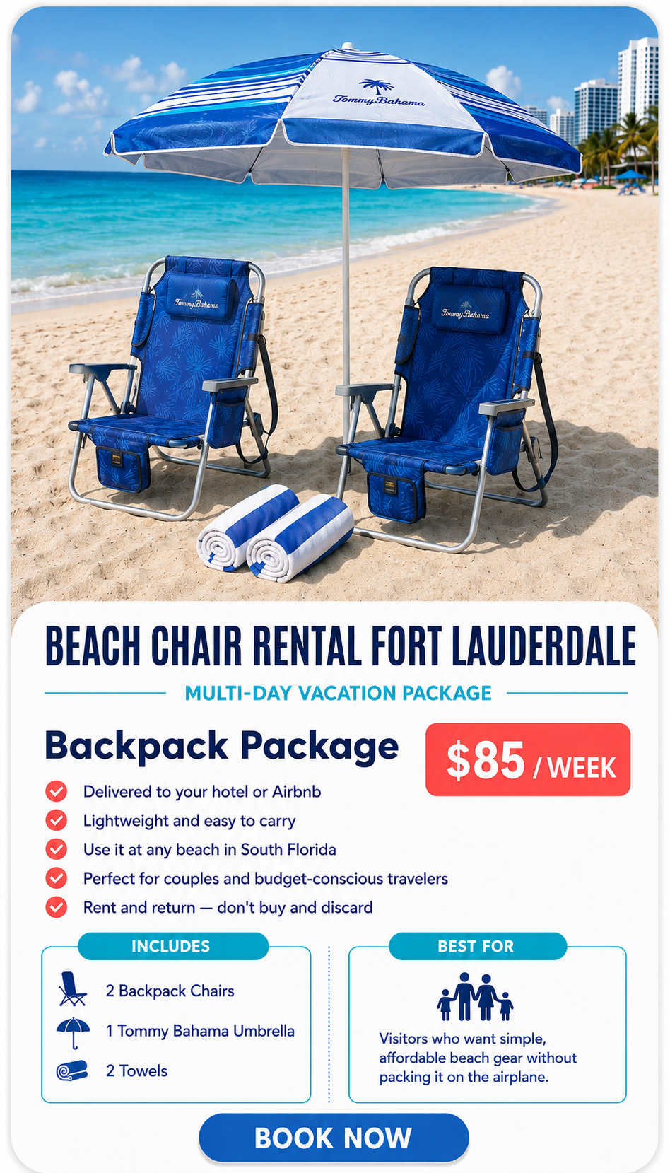 Backpack Package beach rental setup in Fort Lauderdale