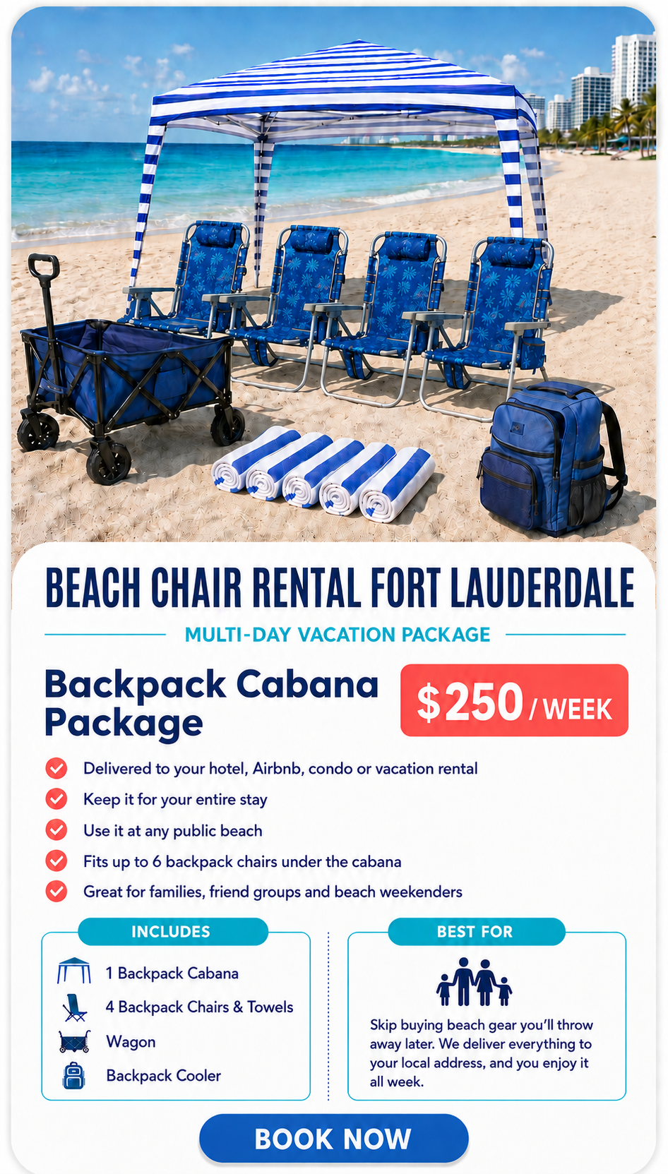 Backpack Cabana Package beach rental setup in Fort Lauderdale