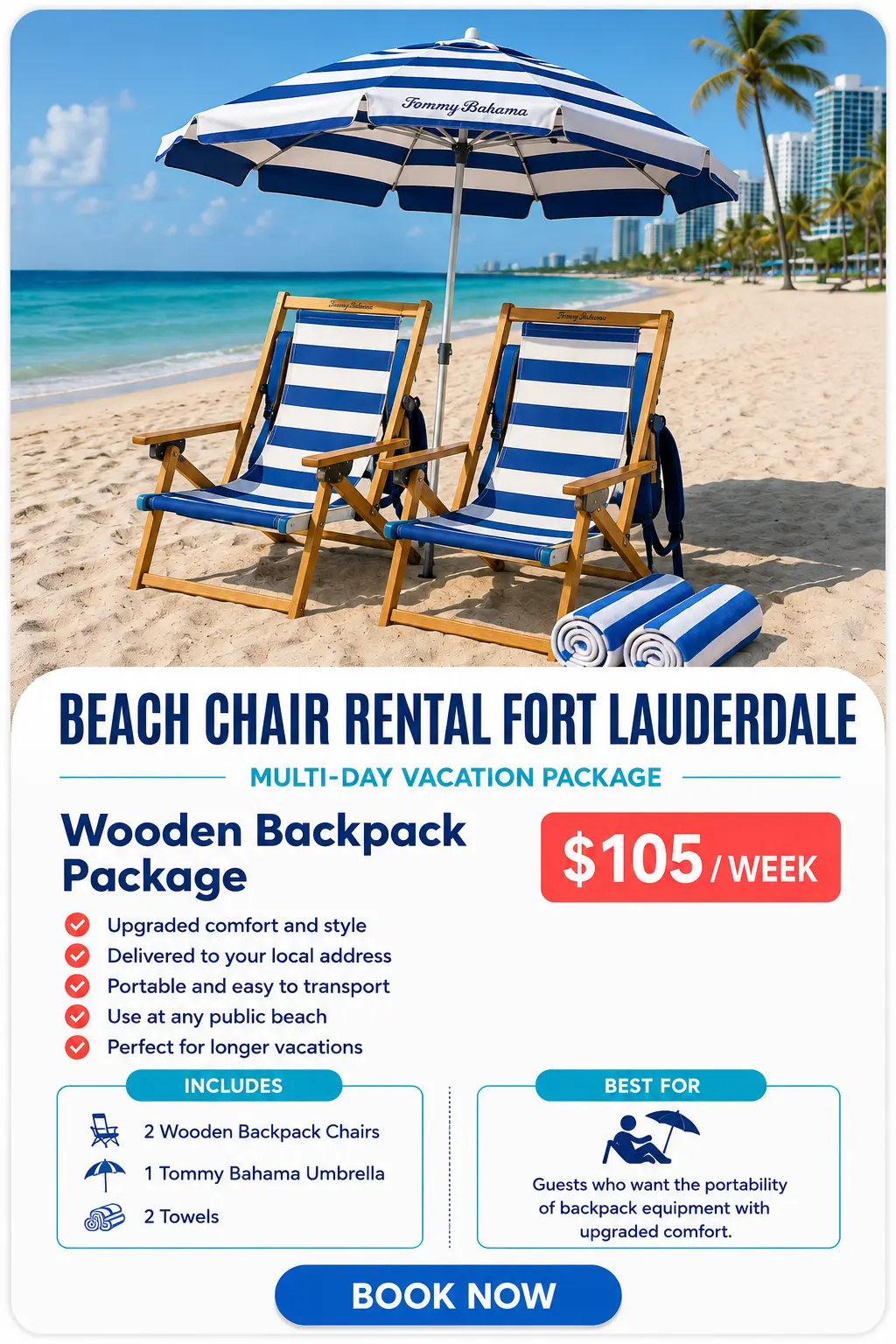 Wooden Backpack Package beach rental setup in Fort Lauderdale