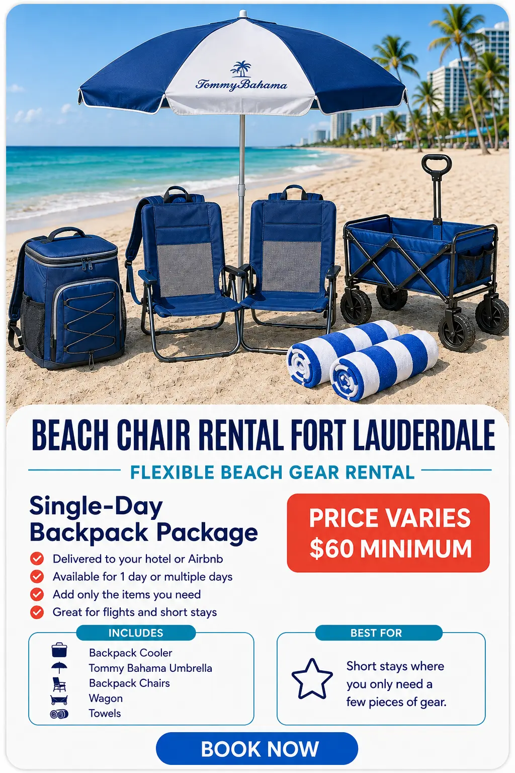 Single-Day Backpack Package beach rental setup in Fort Lauderdale